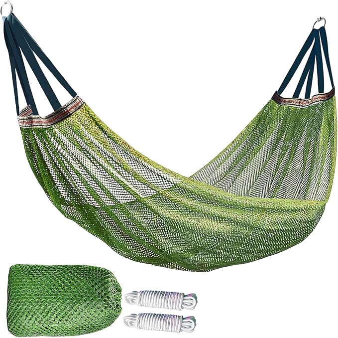 Outdoor Travel Camping Sport Hammock, Outdoor Sport Hammock Net Mesh Nylon Rope Sleeping Bed Swing with Hooks for Garden Beach Yard Travel (Green)