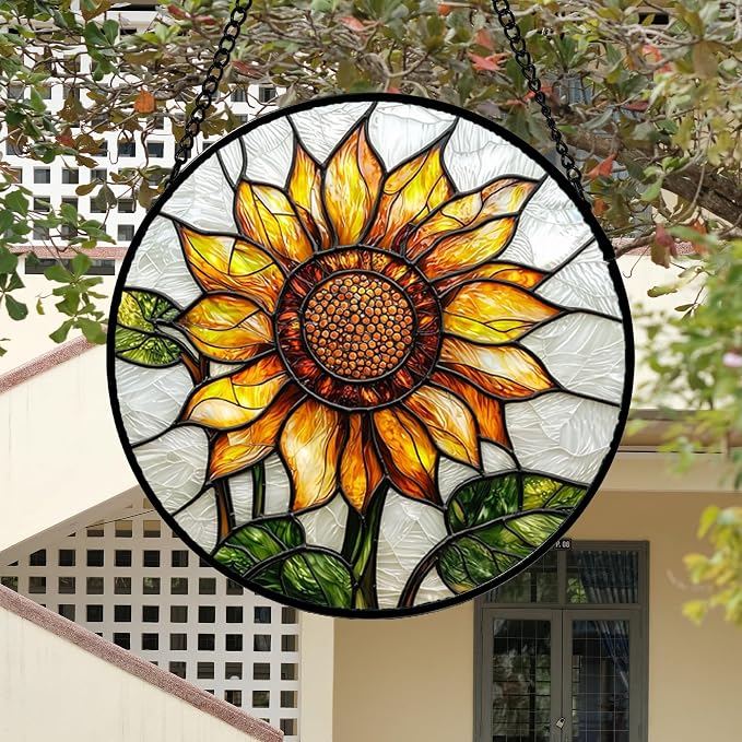 DASTOLL Stained Glass Window Hanging - Sunflower Flower Suncatcher Ready to Hang Window Doors Home Decoration and Christmas, Mother's Day Birthday Gifts for Women, Men, and Mom 14.9x14.9 in
