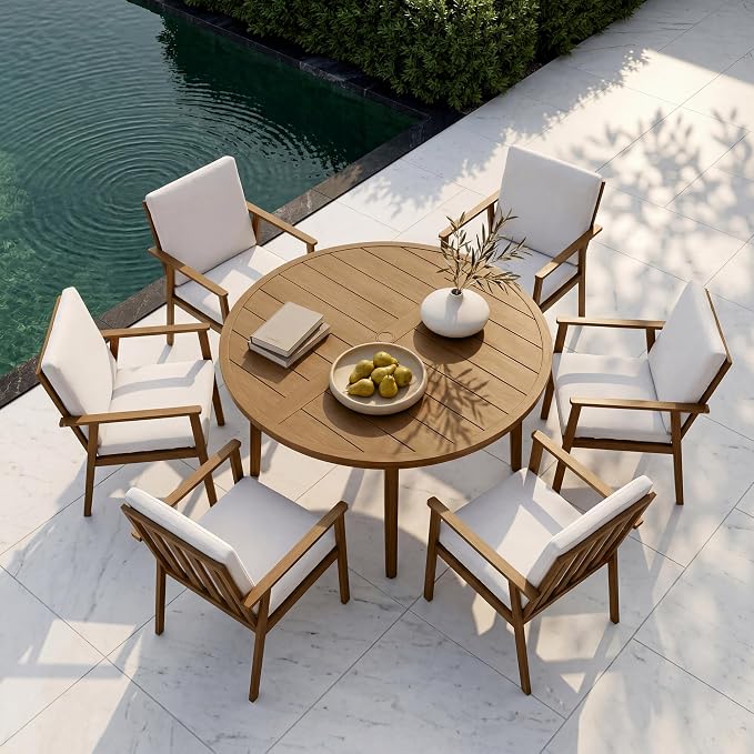7-Piece Round Outdoor Dining Table Set, 51" All-Aluminum Round Outdoor Table with 6 Chairs, Rust-Resistant Faux Wood Grain Patio Table with Umbrella Hole for Garden, Backyard, Poolside, Teak