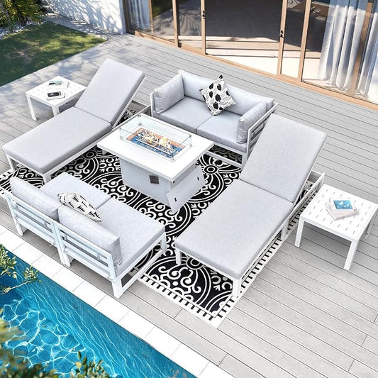 RADIATA 9 Pieces Aluminum Patio Furniture Set with Fire Pit Table, Modern Outdoor Sectional Sofa, Large Conversation Seat with Thick Cushion for Garden Backyard Deck Porch (White)