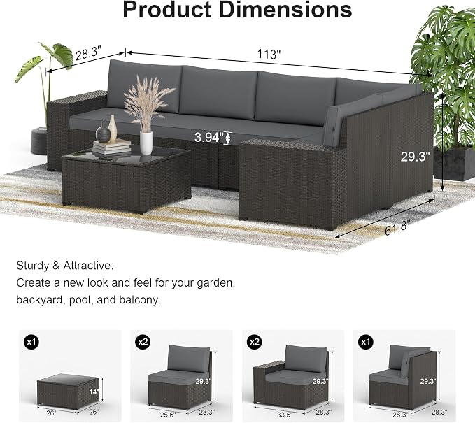 Patio Furniture Set, 7PCS Patio Sectional w/ Fire Pit Tabel Ottoman Wicker Rattan Outdoor Furniture with Thickened Cushion Modular Wicker Patio Conversation Set with Glass Top Table for Balcony (Grey)