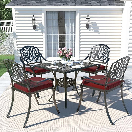 MEETWARM 5-Piece Outdoor Patio Dining Set, All-Weather Cast Aluminum Patio Conversation Set for Backyard Garden Deck with 4 Chairs, 4 Cushions and 35.4" Square Table, 2.2" Umbrella Hole, Chili Red