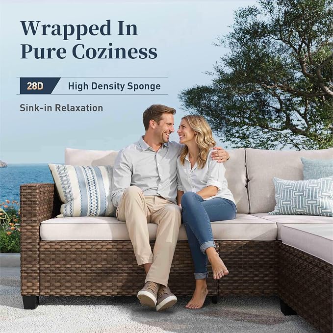 SUNSHINE VALLEY Swivel Glider Patio Furniture Set Outdoor Furniture Brown Wicker Rattan Patio Conversation Sets with Cushion Outside Sofa Set,7 Pieces with Rectangular Firepit Table,9 Seats,Beige