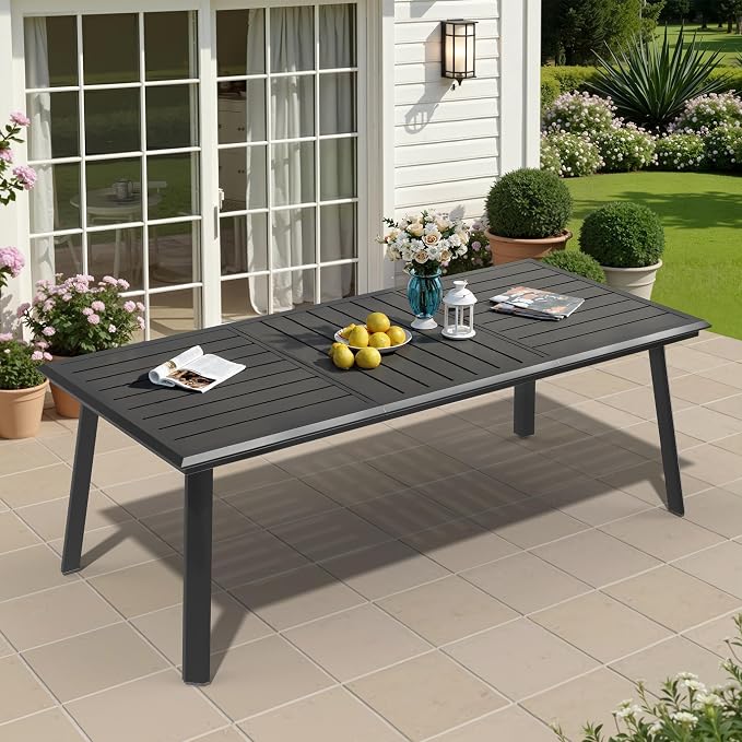 Pellebant Aluminum Outdoor Patio Dining Table for 6-8, Weather-Resistant Sturdy Frame and 83" Rectangle Top with Umbrella Hole for Deck, Porch, Backyard