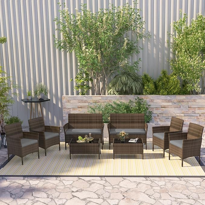 RELAX4LIFE 8-Piece Patio Furniture Set - Rattan Outdoor Conversation Bistro Set w/Cushions, Glass Coffee Table, Wicker Chairs & Loveseat for Garden Backyard Porch, Balcony Furniture Set (2, Grey)