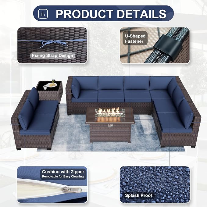 Kurapika 10 Pieces Patio Furniture Set, Rattan Wicker Outdoor Conversation Sets w/43in Propane Fire Pit Table and 4 Inch Cushion(Navy Blue)