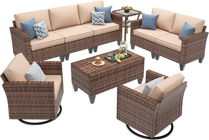 UDPATIO Patio Furniture Set, 6 Pieces Outdoor Furniture Sets with Rocking Swivel Chairs, Wicker Rattan Outdoor Conversation Set with Storage Table and Waterproof Covers for Backyard Deck Porch, Khaki