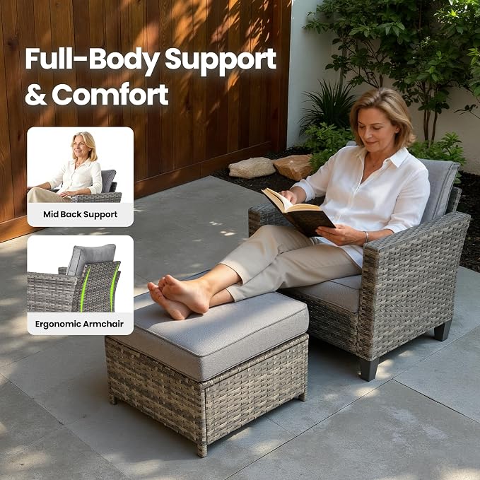 7 Piece Wicker Patio Furniture Set with Firepit Table, Dark Gray | Outdoor Deep Seating Sofa Chair Ottoman, Firepit, Solar Lights Table, Modern Conversation Set, Porch Deck Backyard