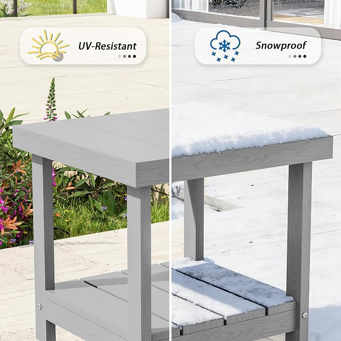 2-Tier HDPE Outdoor Square Side Table, Heavy-Duty Patio Side Table with Storage Shelf, Weather-Resistant Adirondack End Tables for Backyard, Pool, Porch, Garden, Lawn, Silver Grey