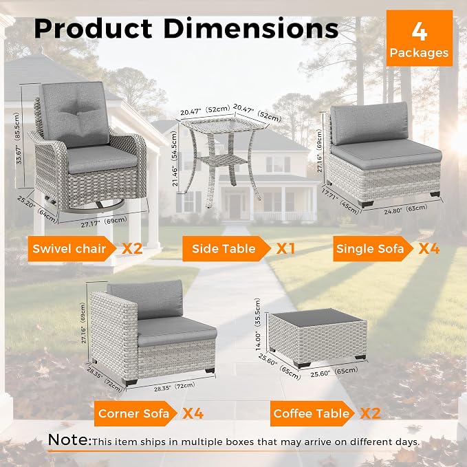 10-Seat Modern Patio Furniture Set with Swivel Rocking Chairs, Thick 4″ Cushions, Dual-Strand Wicker Rattan, Rust-Resistant Steel Frame – Outdoor Conversation & Modular Sectional,Gray