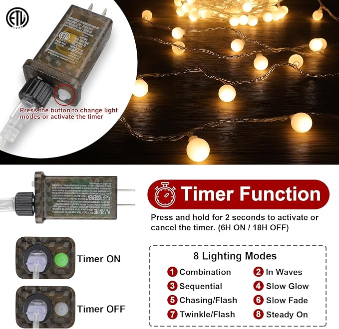 33FT 100LED Christmas Lights Indoor, Globe String Lights for Bedroom 8 Modes with Remote, Outdoor Hanging Fairy Lights for Room Wedding Garden Christmas Tree Party Decor, Warm White