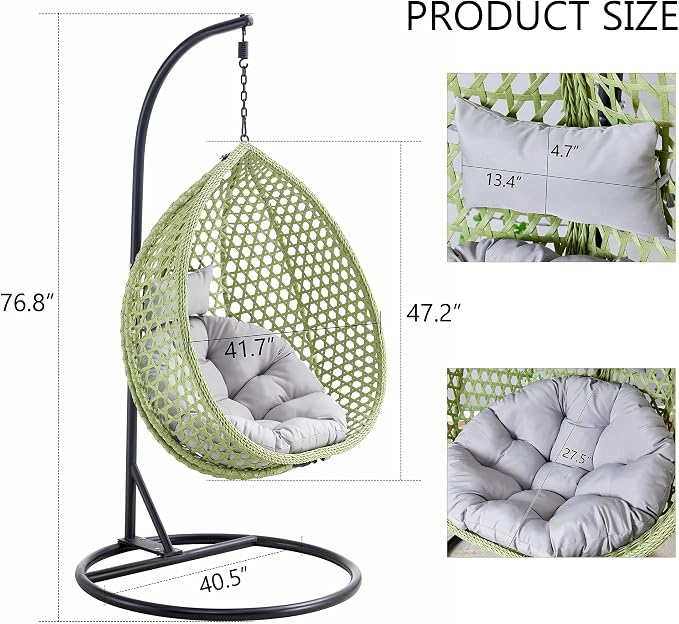 Hanging Egg Swing Chair with Stand, Rattan Wicker Hanging Egg Chair Hammock Indoor with Cushions, Swinging Chair for Bedroom Outdoor Patio Balcony Backyard Sunroom Heavy Duty 350LBS, Green