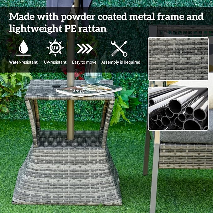 Outsunny Outdoor Side Table with Umbrella Hole, 2 Tier Rattan Wicker End Table with Storage Shelf, All Weather for Patio, Garden, Backyard, Mixed Gray