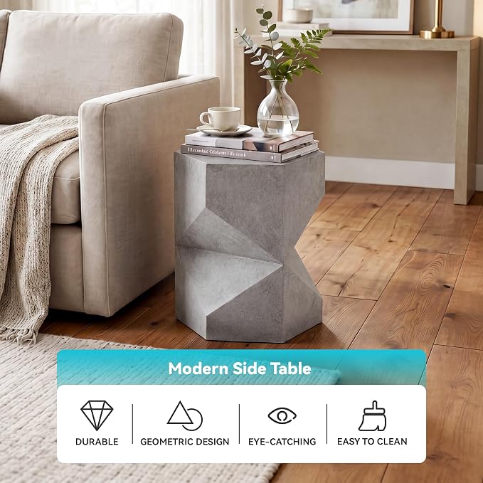 COSIEST MgO Concrete Side Table, 18 Inch Hexagonal Geometric Outdoor End Accent Table, All-Weather Patio Garden Stool, Modern Plant Stand & Coffee Table for Balcony Backyard, Gray, 1 Pack
