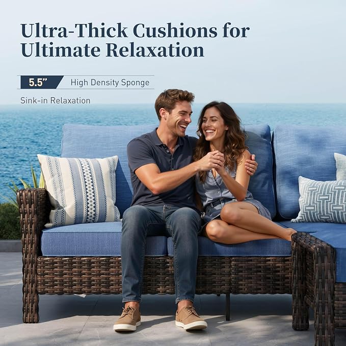 Patio Furniture Set with Swivel Chairs, High Back Wicker Rattan Furniture with 5.5" Thick Cushions, Fire Pit Table and Ottomans, All Weather Outdoor Conversation Set for Backyard Deck,9 Seats, Blue