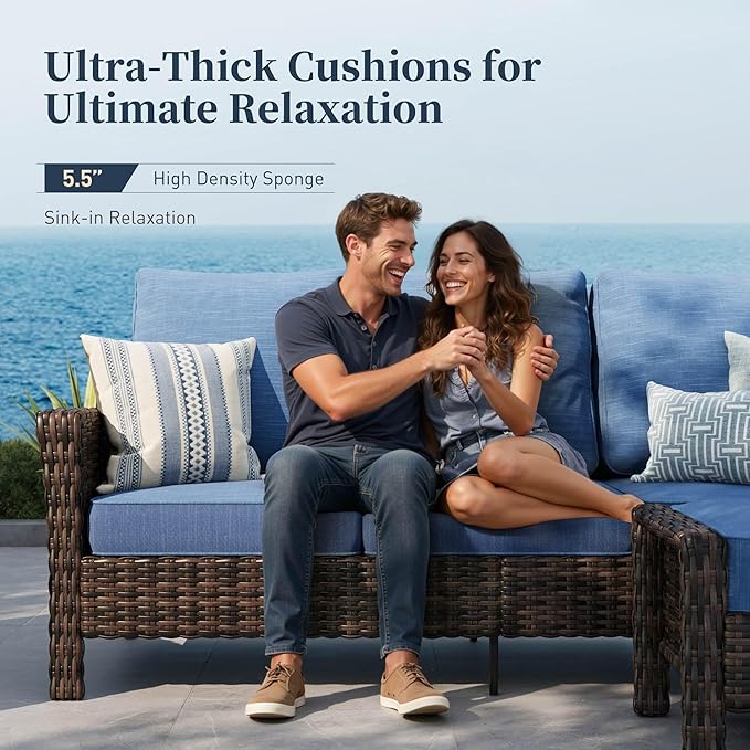 SUNSHINE VALLEY Patio Furniture Set with Swivel Chairs, High Back Wicker Rattan Sofa Chairs with 5.5" Thick Cushion and 2 Ottoman, Outdoor Conversation Set for Backyard Deck, Blue