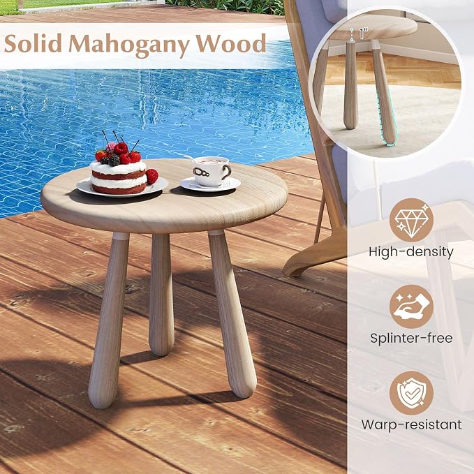 Tangkula Mahogany Wood Side Table, 18” Round Small Accent End Table with Thickened Board & Solid Wood Support Legs, for Bedroom, Porch, Balcony, Natural