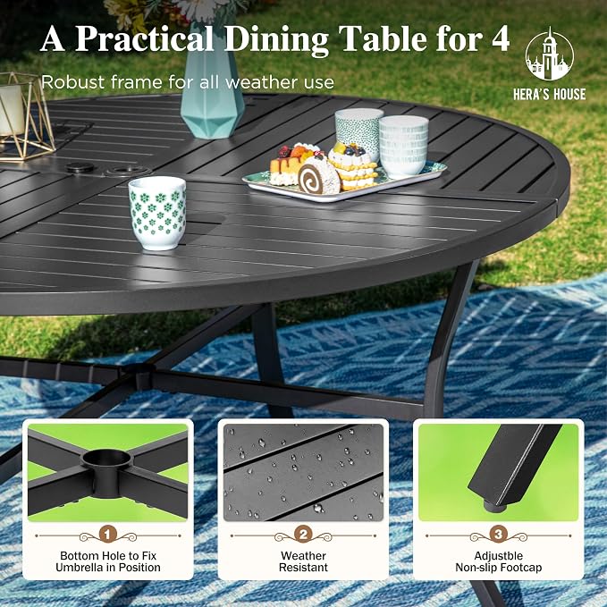 HERA'S HOUSE 5pc Patio Dining Set for 4, 42" Round Metal Table | Blue textilene chairs, umbrella hole. Waterproof, rust-resistant, all-weather for backyard, porch