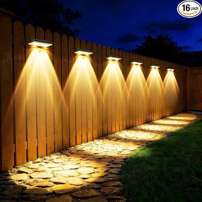 Solar Fence Lights Outdoor, 16 Pack Fence Lights Solar Powered | 85LM Solar Fence Lights, 9 RGB Color Modes, IP65 Waterproof, 12H Dusk to Dawn Glow for Pool/Deck/Patio/Wall/Backyard - Black