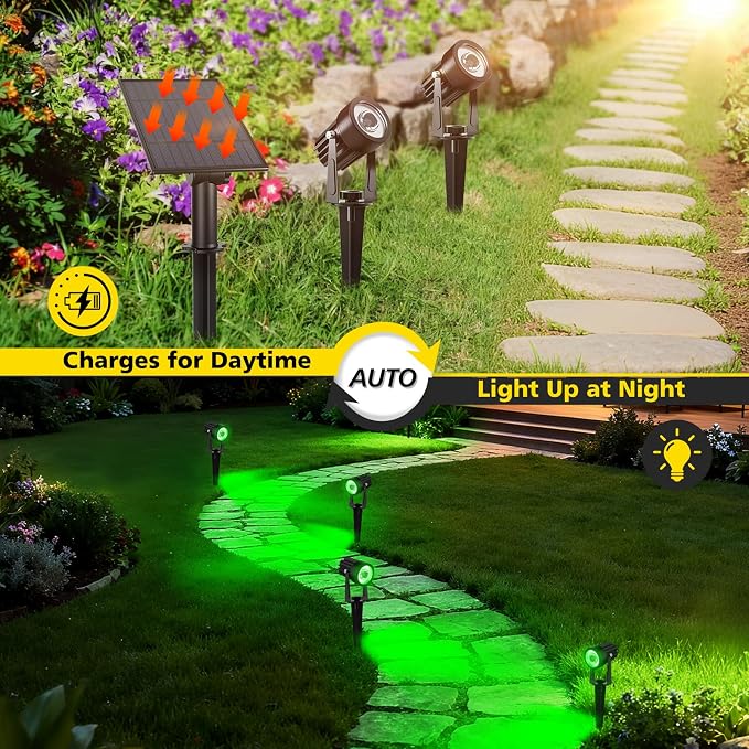 T-SUN Green Solar Spotlights Outdoor, 2-in-1 Waterproof Solar Landscape Spotlights, Dusk to Dawn Solar Lights for Trees, Garden, Yard, Driveway, Pool Area(Green)
