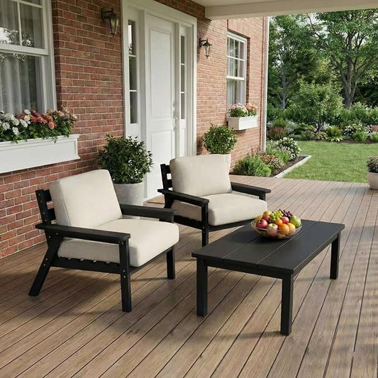 Kingdura HDPE Patio Furniture Set, 3 Piece Outdoor Sectional Sofa with Coffee Table, All Weather Outdoor Couch Conversation Set with Washable Cushions for Backyard Poolside Balcony
