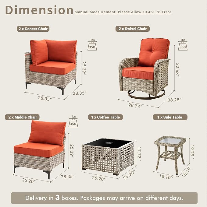 8 Pieces Patio Sectional Furniture Set, Outdoor Wicker Sectional Couch with High Back Swivel Rocker Chairs Solar Lights Table, Modern Conversation Set for Porch Balcony Backyard, Orange