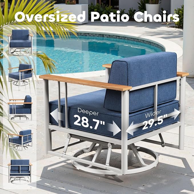 Luxury Patio Swivel Chairs with 6" Extra Thick Cushions, Outdoor Furniture Set with Ottomans and Side Table, Swivel Outdoor Chairs for Porch, Balcony, Deck, Patio, Yard, Poolside, White/Blue