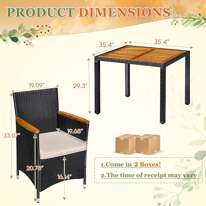 Greesum 5 Pieces Outdoor Patio Dining Set, Conversation Sets with 1 Table and 4 Rattan Chairs with Curved Acacia Wooden Armrests and Cushions, Black