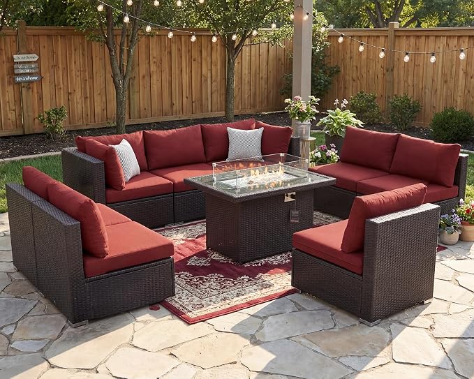 NICESOUL 9 Pcs Large Patio Furniture Set with Fire Pit Propane/Natural Gas, 29.3'' High Back Wicker Outdoor Sectional for 8 People, Modular Deep Sofa Conversation Sets, Brown Rattan and Red Cushion