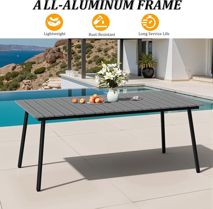 70" Patio Outdoor Dining Table for 6, Weather-Resistant Aluminum Frame with Wood-Grain Top & Umbrella Hole for Deck Gatherings, Gray