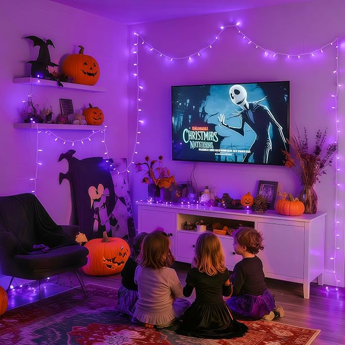 JMEXSUSS Connectable 8 Modes 100 LED Purple Halloween Lights Indoor Plug in | Purple String Lights Clear Wire, 33ft Christmas Tree Lights Outdoor for Halloween Xmas Tree, Garden, Bedroom