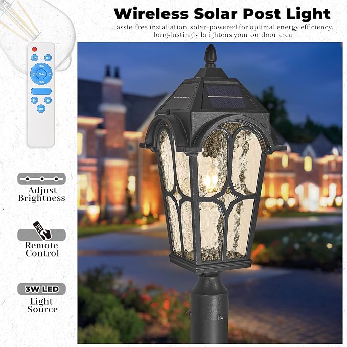 22 Inch Large Solar Post Light Outdoor, Dusk to Dawn Pier Mount Lamp, Sand Black Aluminum with Seeded Water Ripple Glass, Waterproof Solar Pole Light Fixture for Yard Garden Pillar Patio