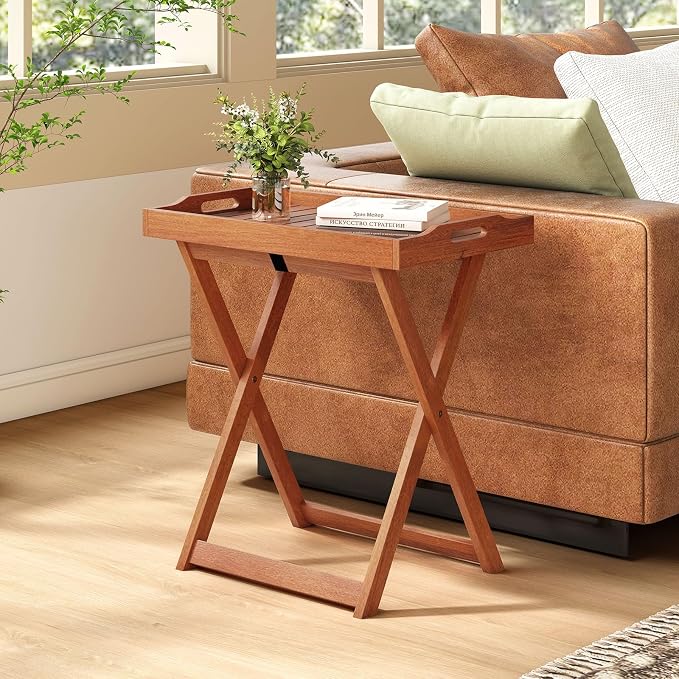 HAPPYGRILL Outdoor Wood Tray Table Folding Patio Side Table with Removable Top, Portable Bistro Table for Garden Backyard Balcony Poolside (2)