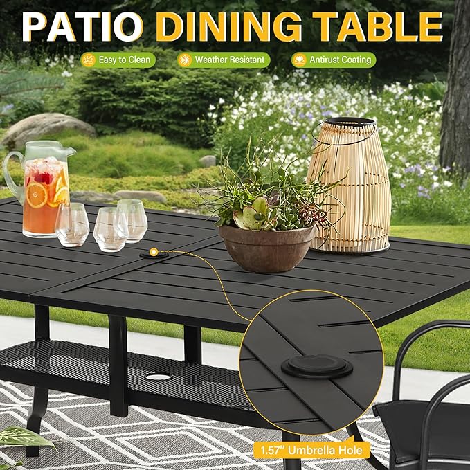 Patio Dining Table, 60" x 37"Outdoor Rectangular Metal Table,1.57" Umbrella Hole, for Backyards, Porches, Gardens or Poolside, Black