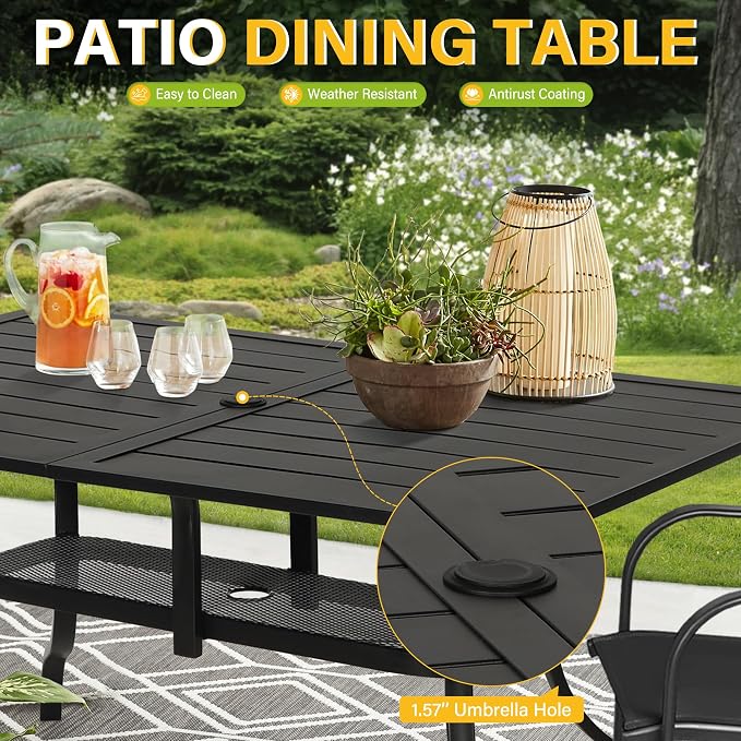 Betterland Patio Rectangular Dining Table 60" x 37" Outdoor Metal Steel Frame & Slat Tabletop with 1.57" Umbrella Hole for 6-8 Person, Classic Black