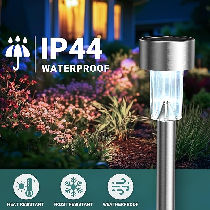GIGALUMI Solar Lights Outdoor Waterproof, 12 Pack, Stainless Steel LED Solar Garden Lights for Patio, Lawn, Yard and Landscape, Cold White | Stainless Steel LED, Ideal for Patio Lawn Yard Landscape, Durable Decorative Lighting