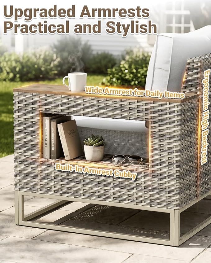 Outdoor Patio Furniture Set 12-Piece PE Rattan Wicker Outdoor Sectional Sofa with Thickened Cushions and Chunky Arms, Modern Modular L-Shaped Conversation Set for Garden, Backyard, White