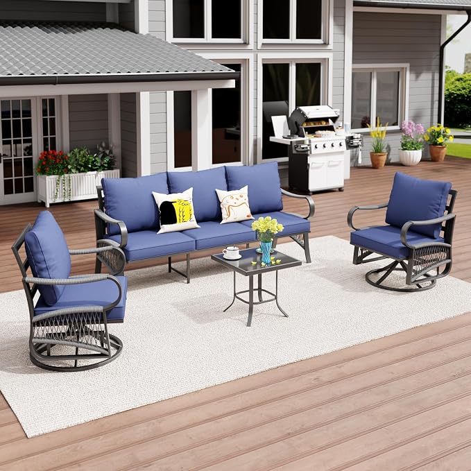 4 Piece Patio Furniture Set, All Weather Metal Outdoor Conversation Set with Swivel Chairs, Thick Cushions and Coffee Table for Garden, Porch, Lawn, Blue