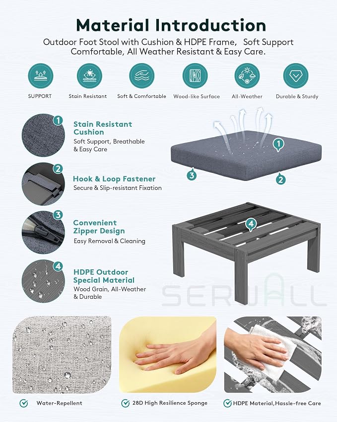 SERWALL HDPE Outdoor Ottoman with Cushions