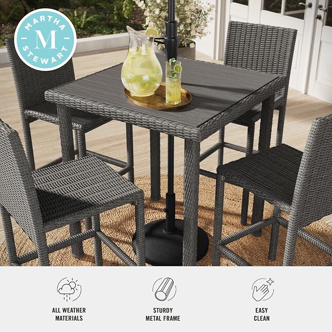 Martha Stewart Bedford 37” Square Indoor-Outdoor Patio Bar Height Table with Faux Wood Top and Rattan Wicker Finish in Brown