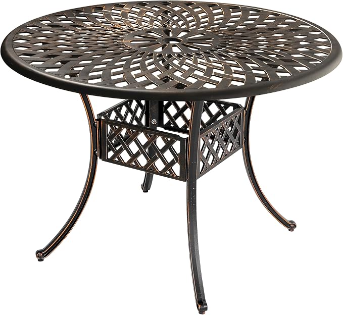 NUU GARDEN Cast Aluminum Outdoor Round Dining Table 42 Inch Patio Table with 2.24 Inch Umbrella Hole for Garden Backyard Balcony Black with Gold-Painted Edges