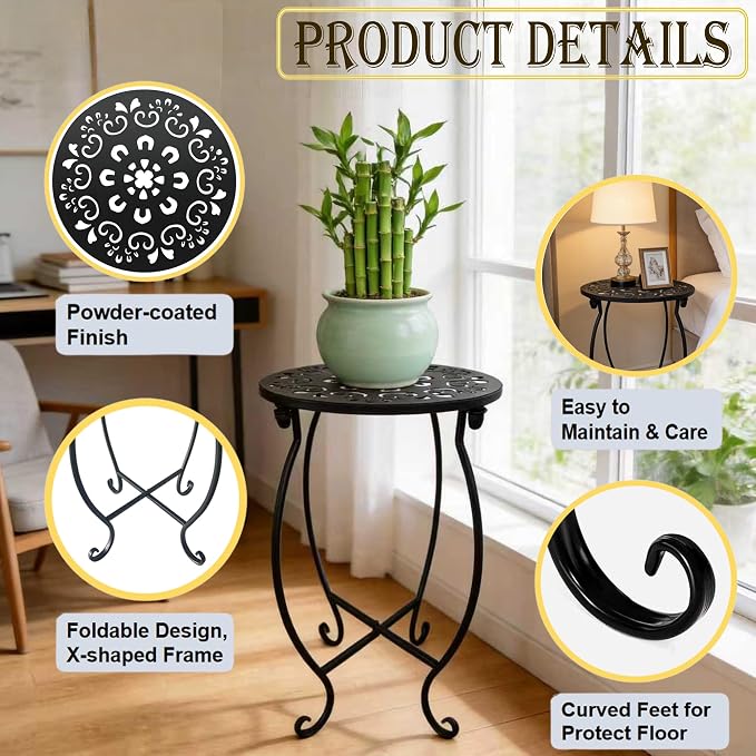 Outdoor Side Tables, 10" Round 15" Tall Patio Side Table, Set of 2 Metal Small Round Side Table for Patio Yard Porch Balcony Garden Bedside, Plant Stand for Indoor Outdoor