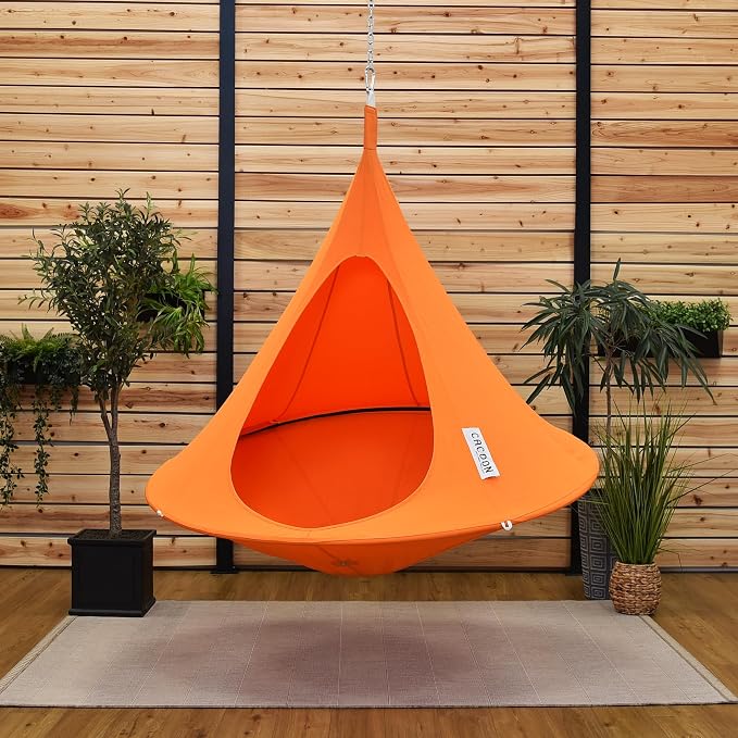 Single Cacoon Hanging Chair – Cozy Indoor/Outdoor Hammock with Polyester Canvas, 440 lb Capacity, Includes 18ft Rope & Carabiner (Nectarine)