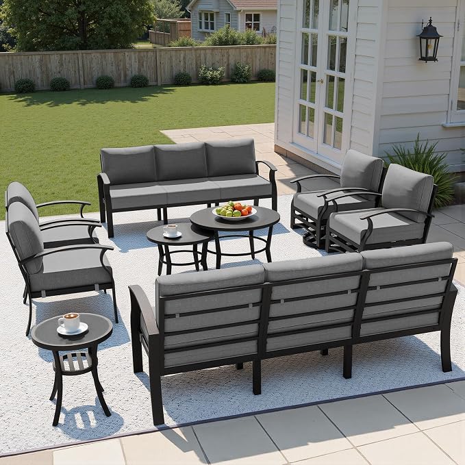 Kullavik Aluminum Patio Furniture Set,8 Piece Modern Metal Outdoor Patio Furniture w/5.1'' Thick Cushion,Swivel Chairs and Round Coffee Table,Patio Conversation Sets for Porch,Deck,Grey