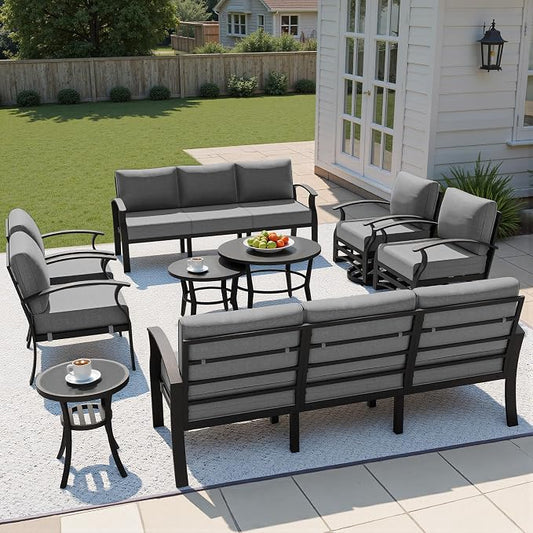 Kullavik Aluminum Patio Furniture Set,8 Piece Modern Metal Outdoor Patio Furniture w/5.1'' Thick Cushion,Swivel Chairs and Round Coffee Table,Patio Conversation Sets for Porch,Deck,Grey