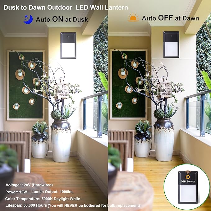 Outdoor Porch Light, LED Wall Sconce, Rustproof Aluminum | Dusk to Dawn Modern Exterior Wall Light Fixture for House, Patio, Garage, 12W 1000 Lumen, Waterproof, 5000K, Black, 1 Pack