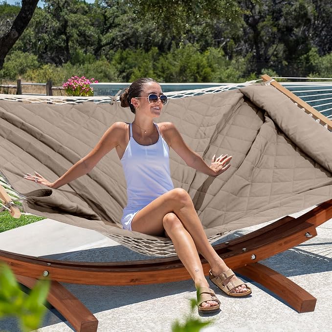 ANOW 13.5FT Curved Wooden Stand with Rope Hammock, Heavy Duty Larch Wood Arc Stand with 2 Chains, 4 Balance Ropes and 4 Carabiners, Includes Light Brown Hammock with Spreader Bars