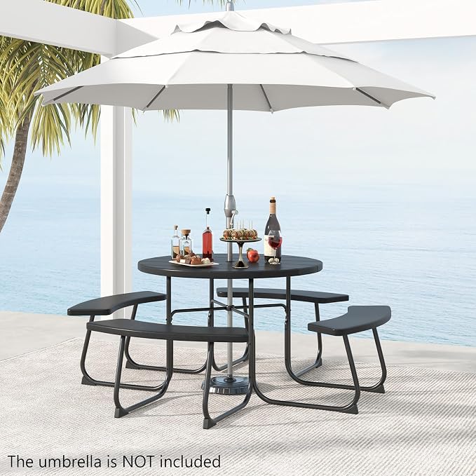 HAPPYGRILL 8-Person Picnic Table Bench Set with Umbrella Hole, 43” Outdoor Dining Table w/4 Benches, Wood-Like Texture Tabletop, Stable U-Shaped Base, Round Table for Backyards, Black