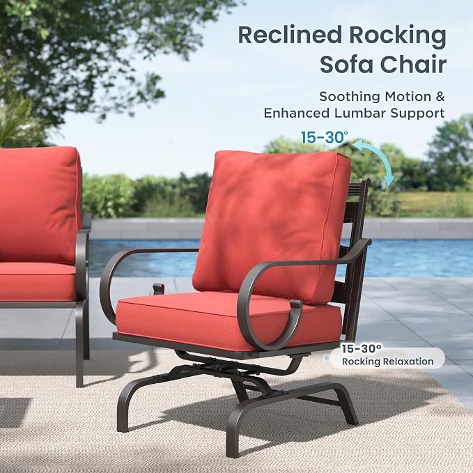 PHI VILLA Patio Furniture Set, 4 Rocking Chairs and a 28" Square Fire Pit Table, Outdoor Metal Conversation Set with 5.75" Extra Thick Cushion for Garden Backyard Deck, Red