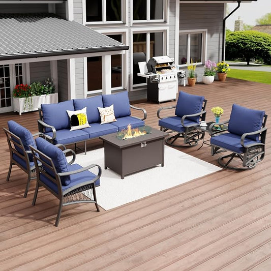 7 Piece Patio Furniture Set, All Weather Metal Outdoor Conversation Set with 50000 BTU Propane Fire Pit Table and 5" Thick Cushions, Sectional Sofa for Garden, Porch, Lawn, Blue